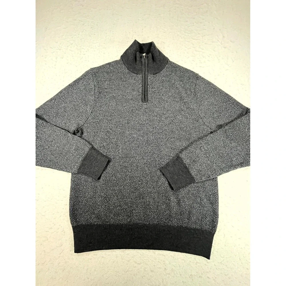 Bonobos Sweater Mens Medium Gray Herringbone Quarter Zip Mock Neck Pullover